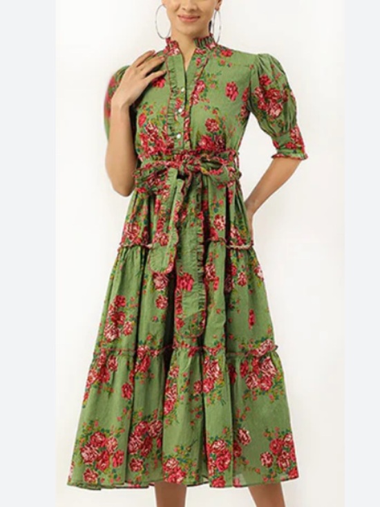 Farylina Dresses & Skirts - Green Floral Midi Dress with Self Tie Belt